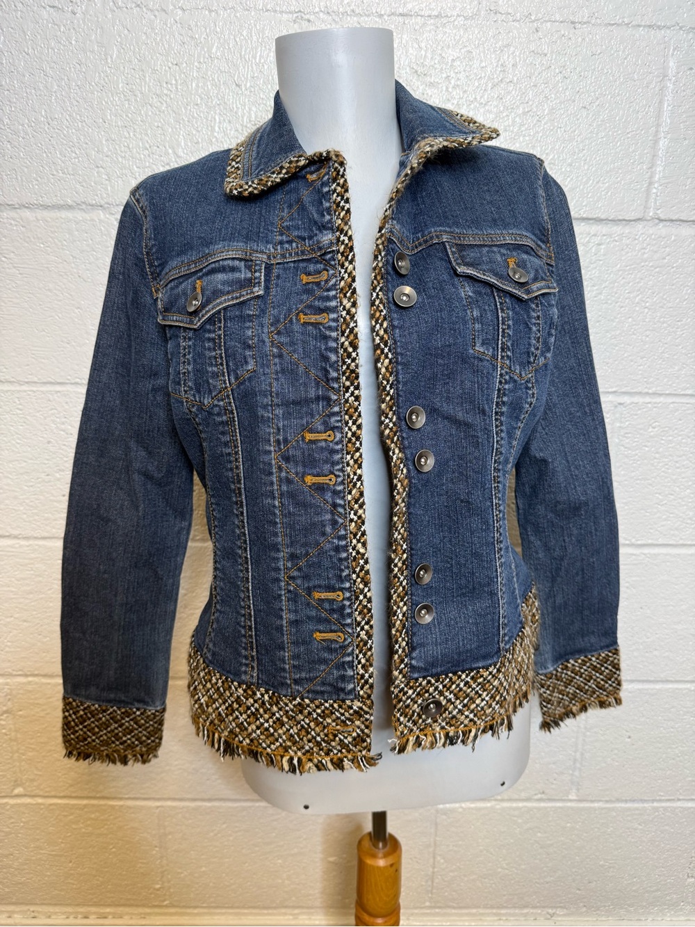 Coldwater Creek Blue Denim Jacket with Tweed Trim
